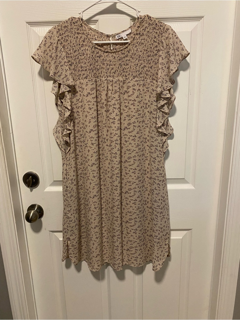 DR2 Beige Floral Smocked Mini Dress with Ruffle Sleeves